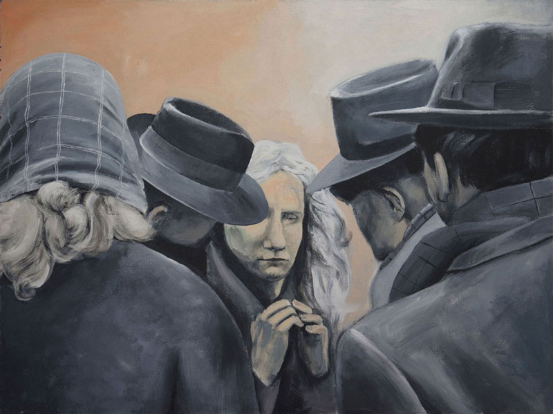 Frau mit grauen Männern